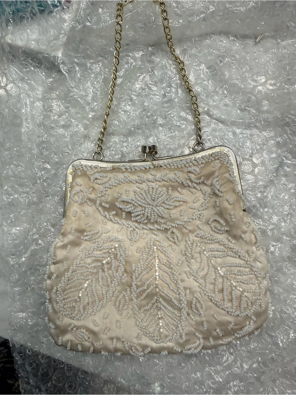 Vintage Beaded Cream Evening Handbag with Chain Handle